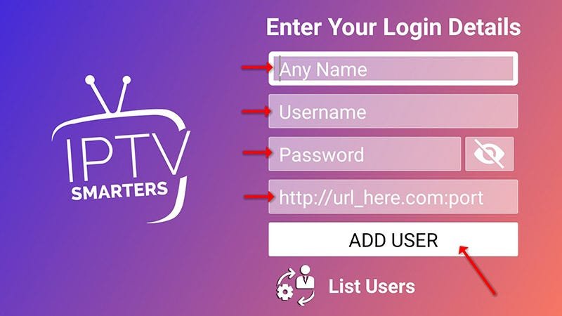 IPTV Smarters Pro — écran de connexion avec URL Xtream Codes, identifiant et mot de passe